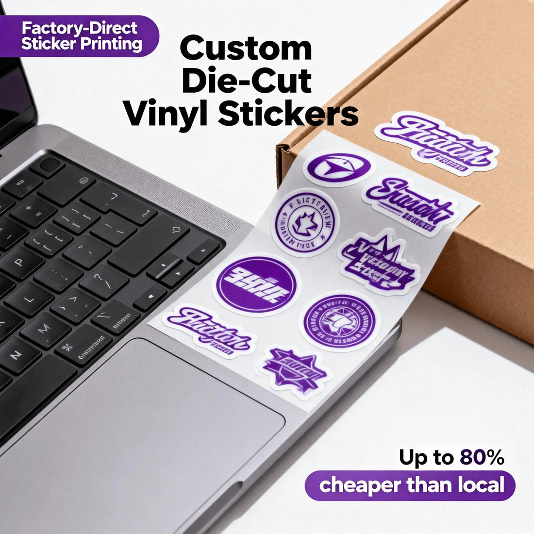 Factory-direct sticker printing hero image: print stickers as custom die cut vinyl sticker designs for brands and creators