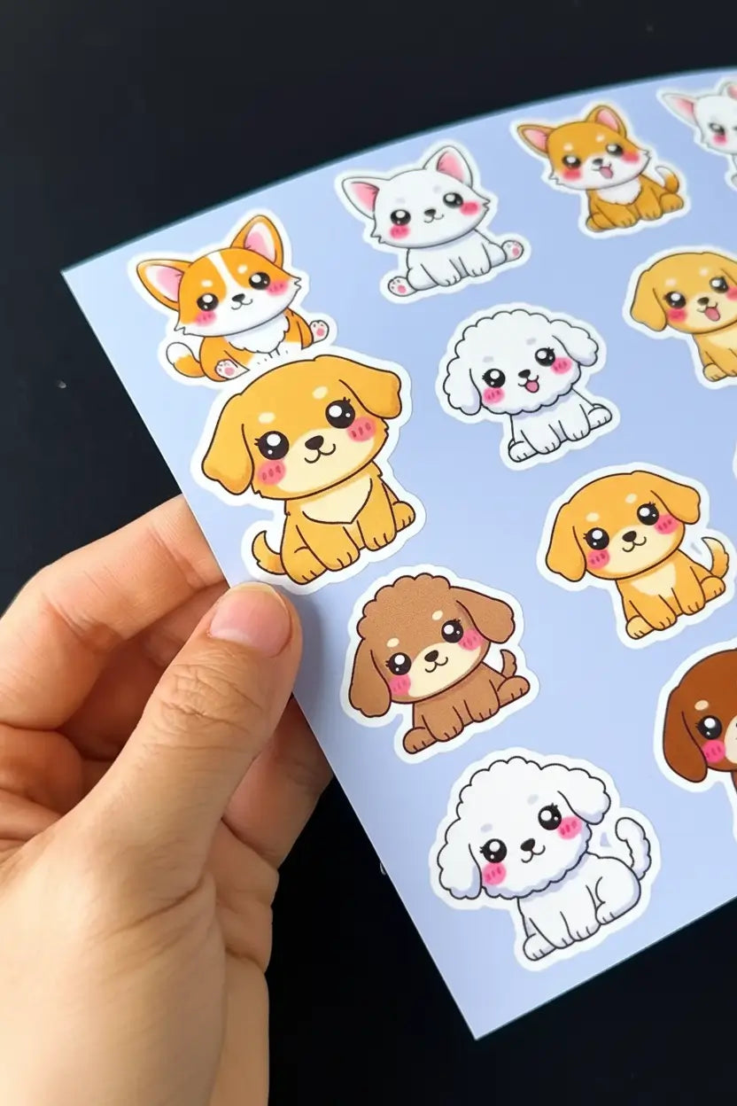 Branded vinyl sticker sheet featuring logo stickers and icon designs for business labeling