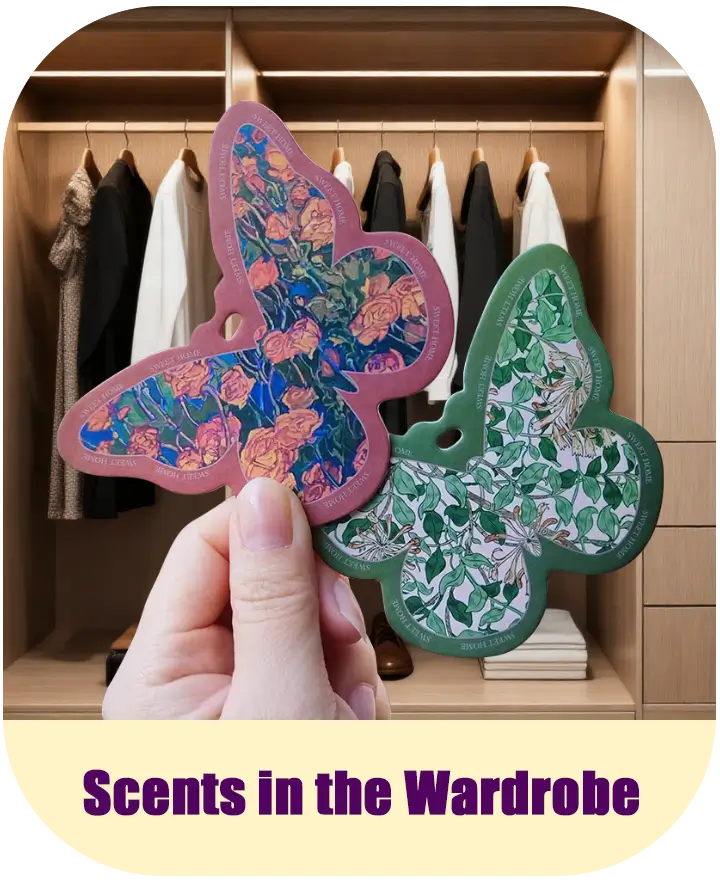 Custom shaped air freshener hanging in a car rearview mirror with branded design
