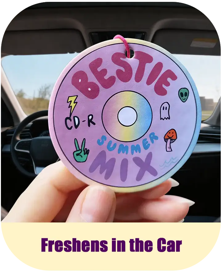 Custom air freshener available in square, round, and custom die-cut shapes