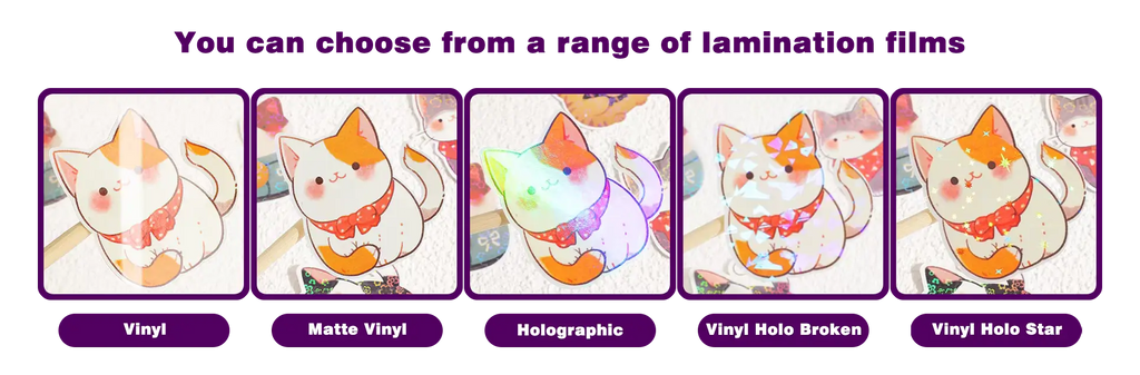 Custom vinyl sticker sheet finish options: matte, glossy, and holographic