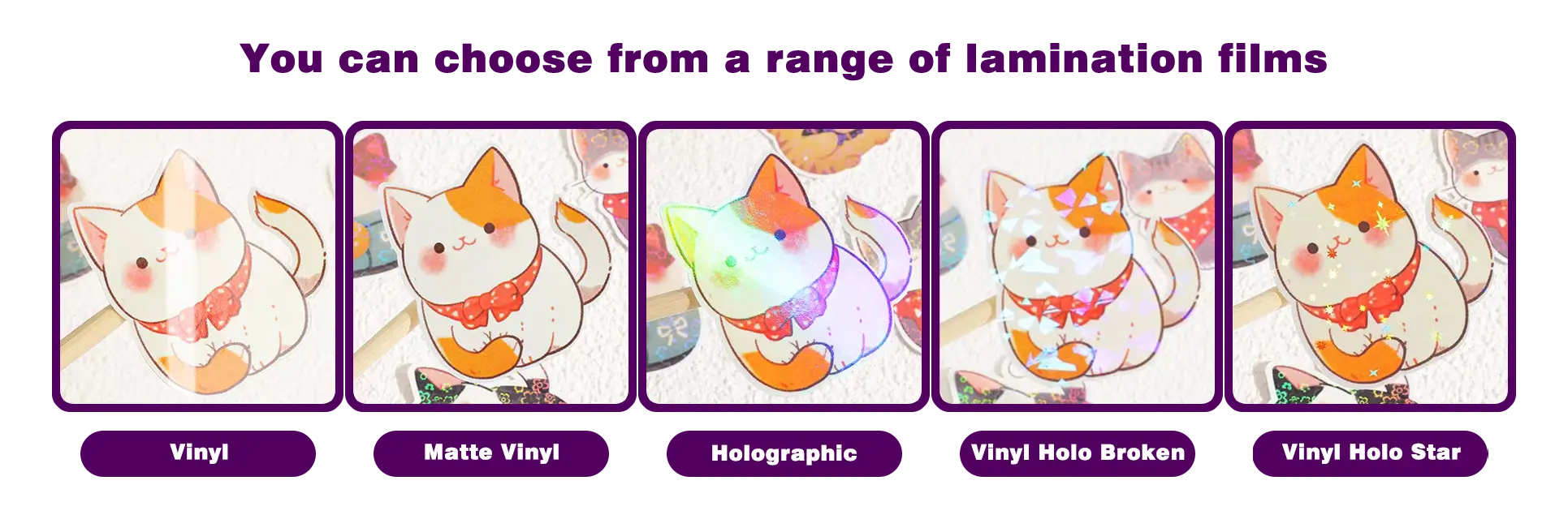 Custom vinyl sticker sheet finish options: matte, glossy, and holographic