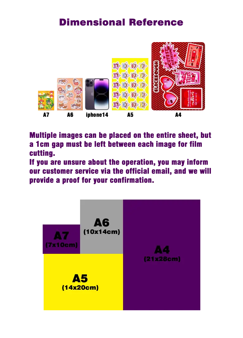 Custom vinyl sticker sheet size guide showing available sheet dimensions and sticker layout options