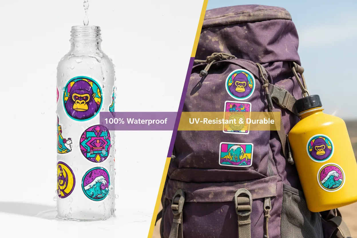 Custom waterproof PVC sticker applied on stainless steel water bottle outdoors, durable vinyl decal in natural setting