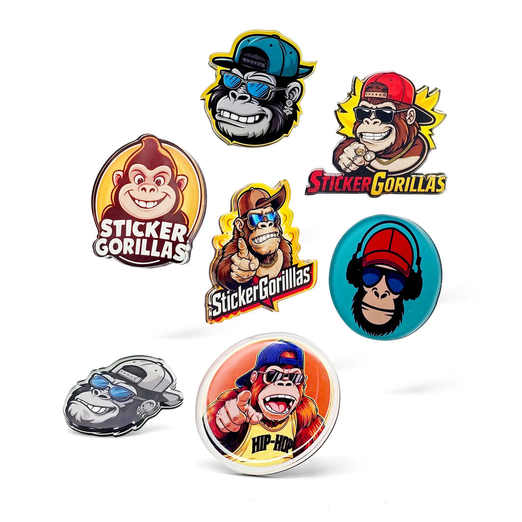 Custom acrylic magnet size comparison: 1x1, 2x2, 3x3, and 4x4 inches