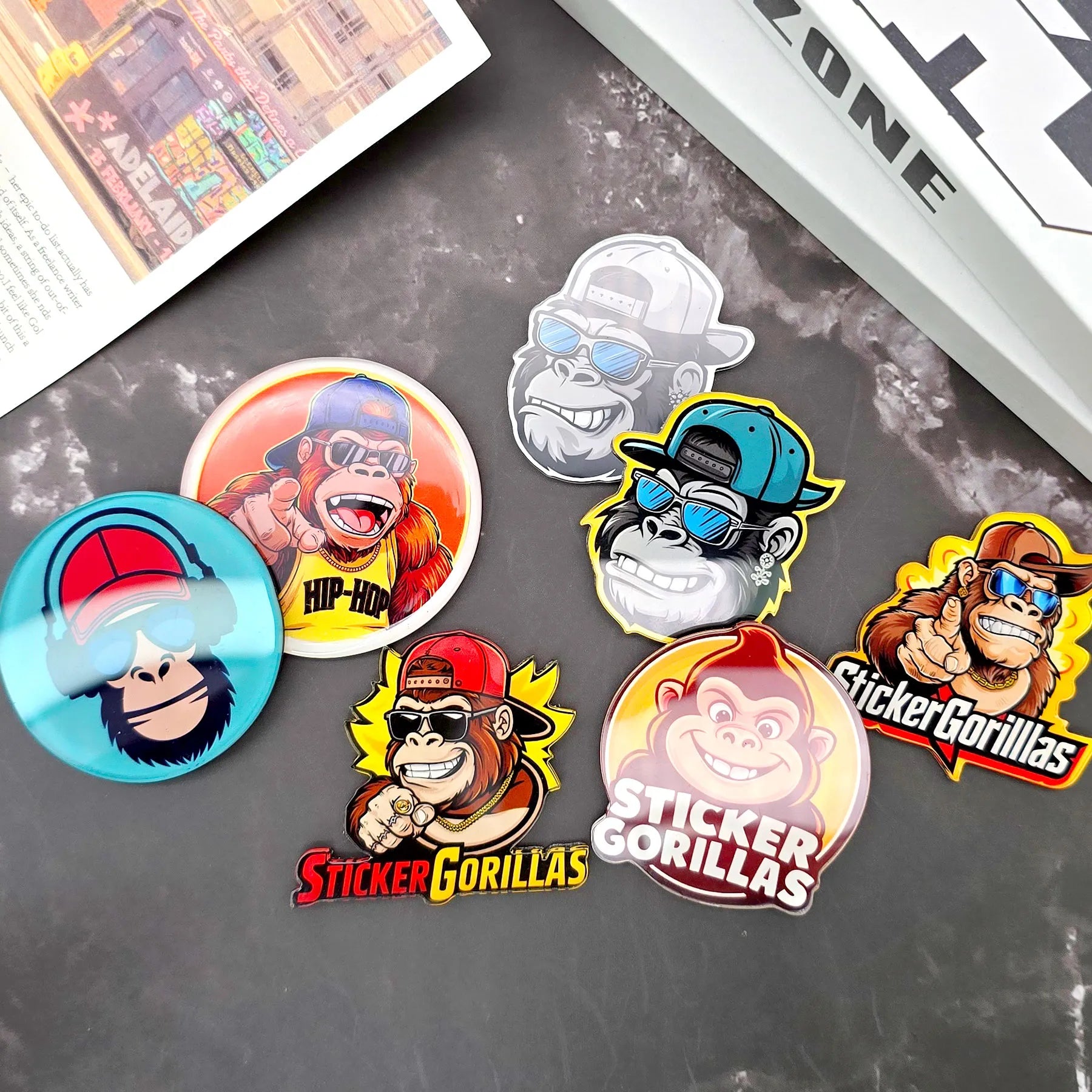 Custom acrylic magnets displayed on refrigerator door as personalized home decor