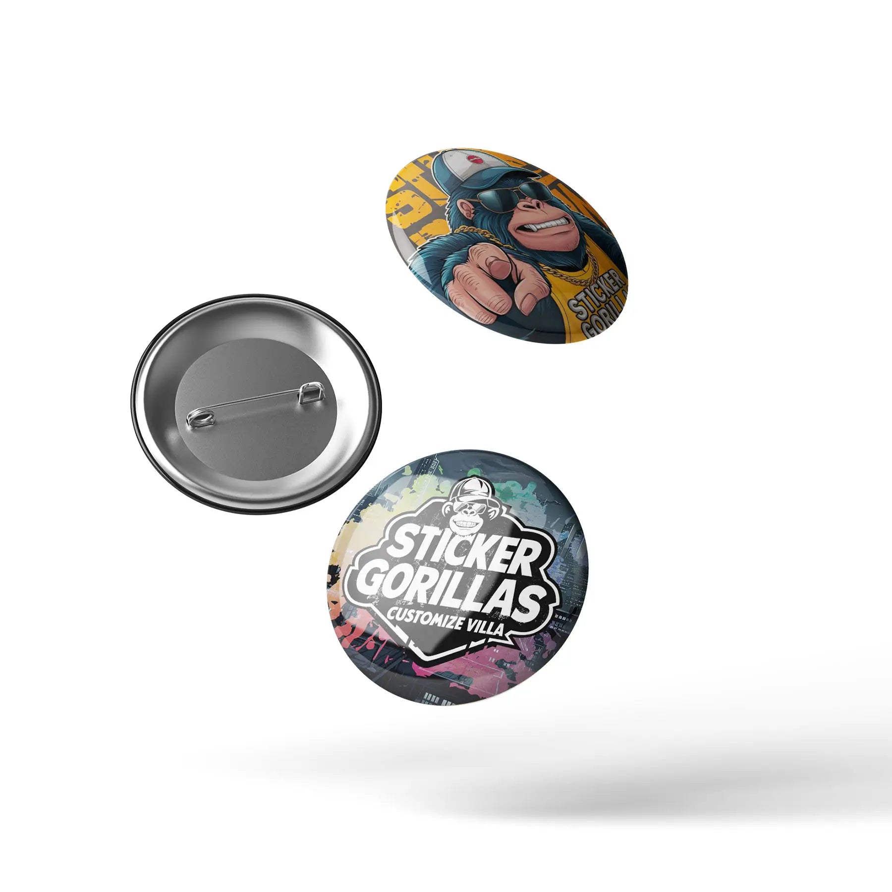 Custom classic circle buttons in bulk quantity spread out on flat surface, full color printed pin-back badges for promotions and clubs