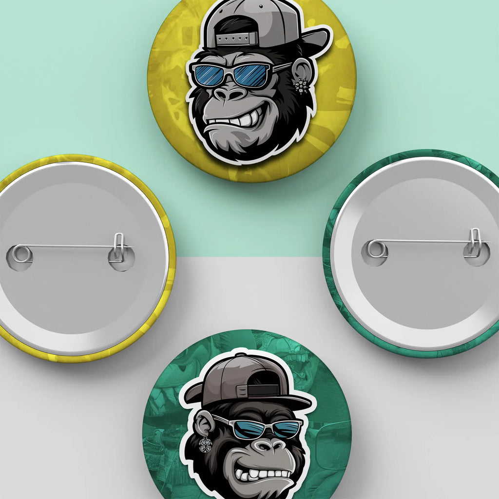 Custom holographic pin-back buttons worn on jacket lapel and backpack, lifestyle display for events and merchandise