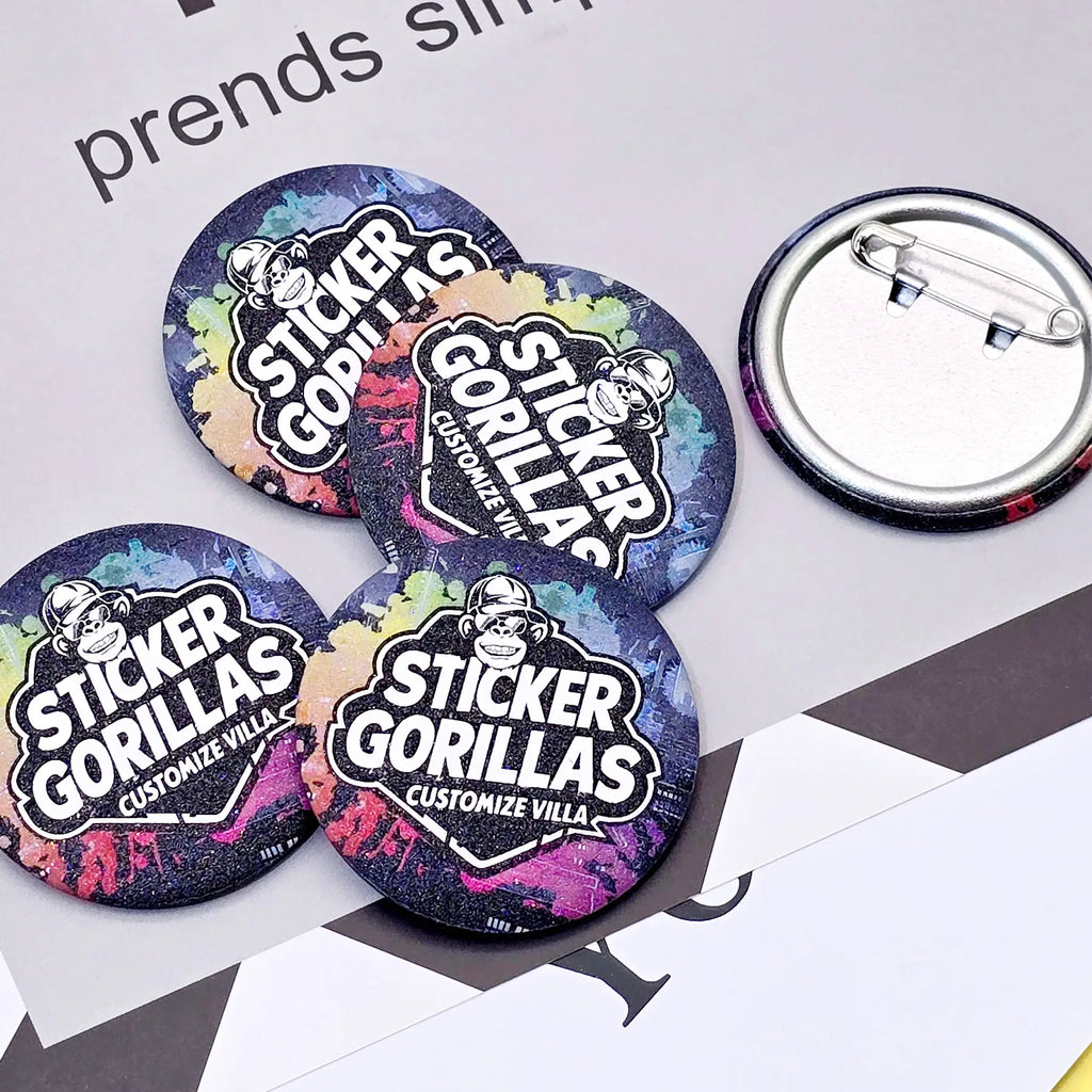 Custom pin-back buttons size comparison from 1 inch to 3 inch, five sizes of classic circle badges displayed together