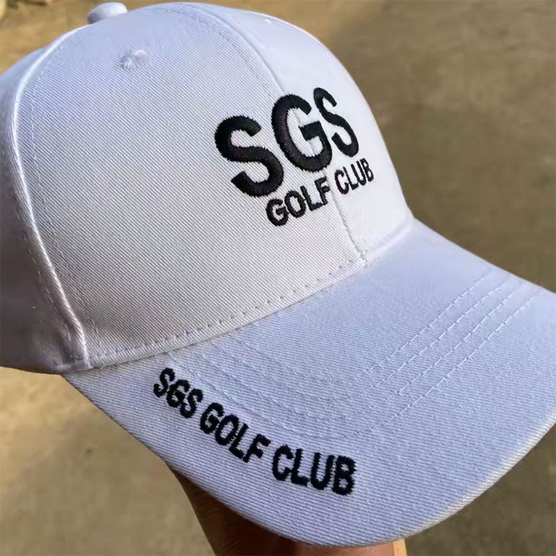 White custom baseball cap with an embroidered golf club logo on the crown and brim