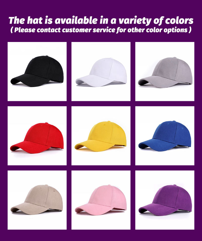 Nine stock cap colors: black, white, gray, red, yellow, blue, khaki, pink and purple