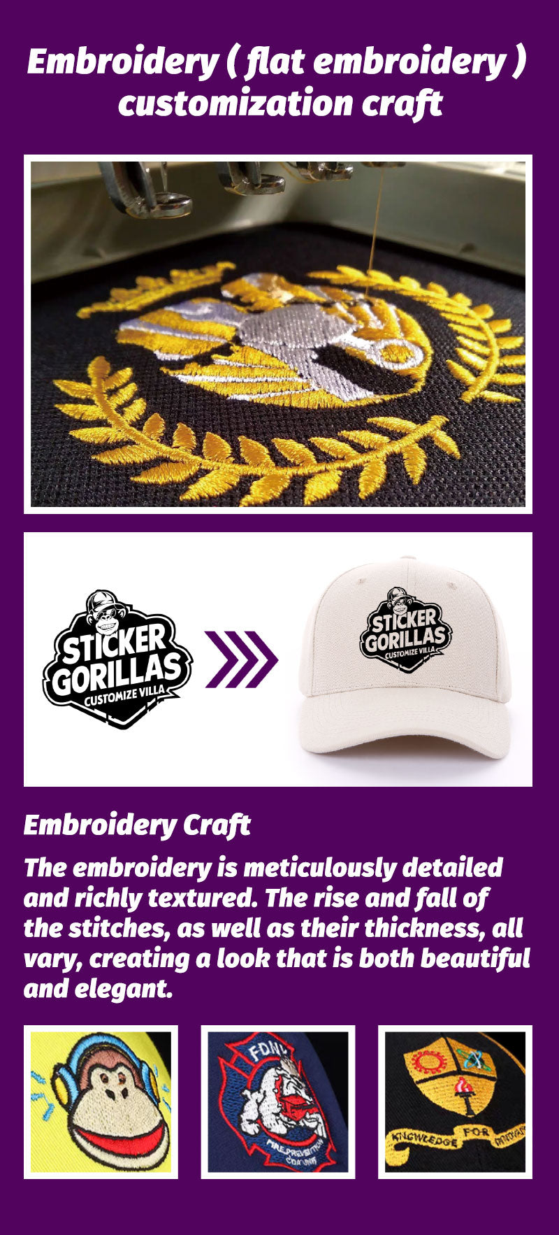Flat embroidery craft on a custom cap with multicolour stitching detail