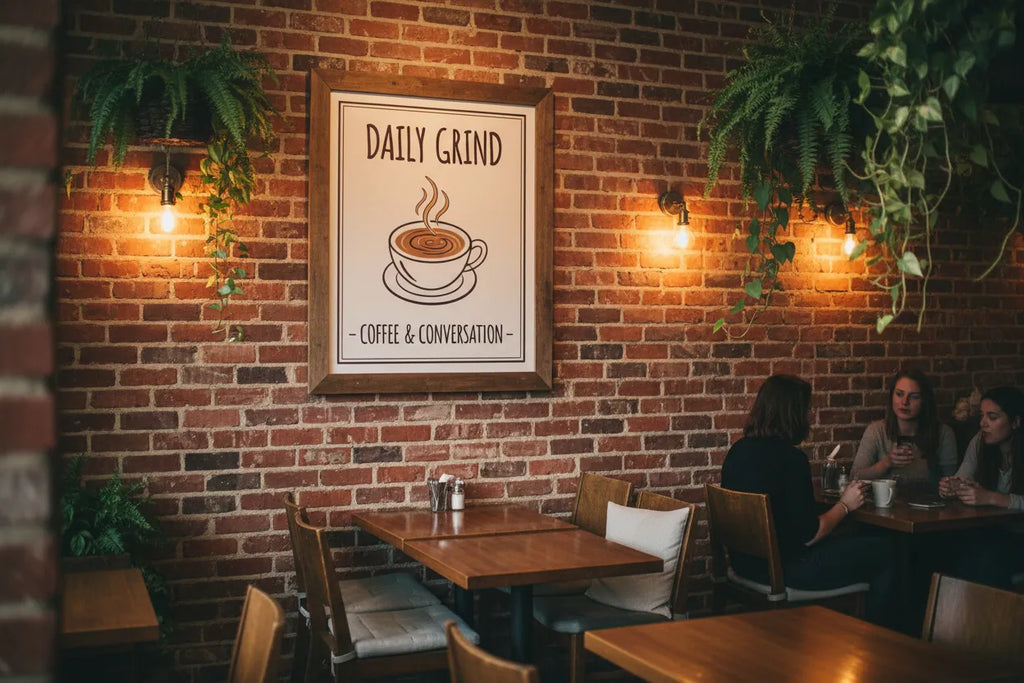 Custom poster hanging on cozy cafe brick wall with warm lighting and wooden furniture in background