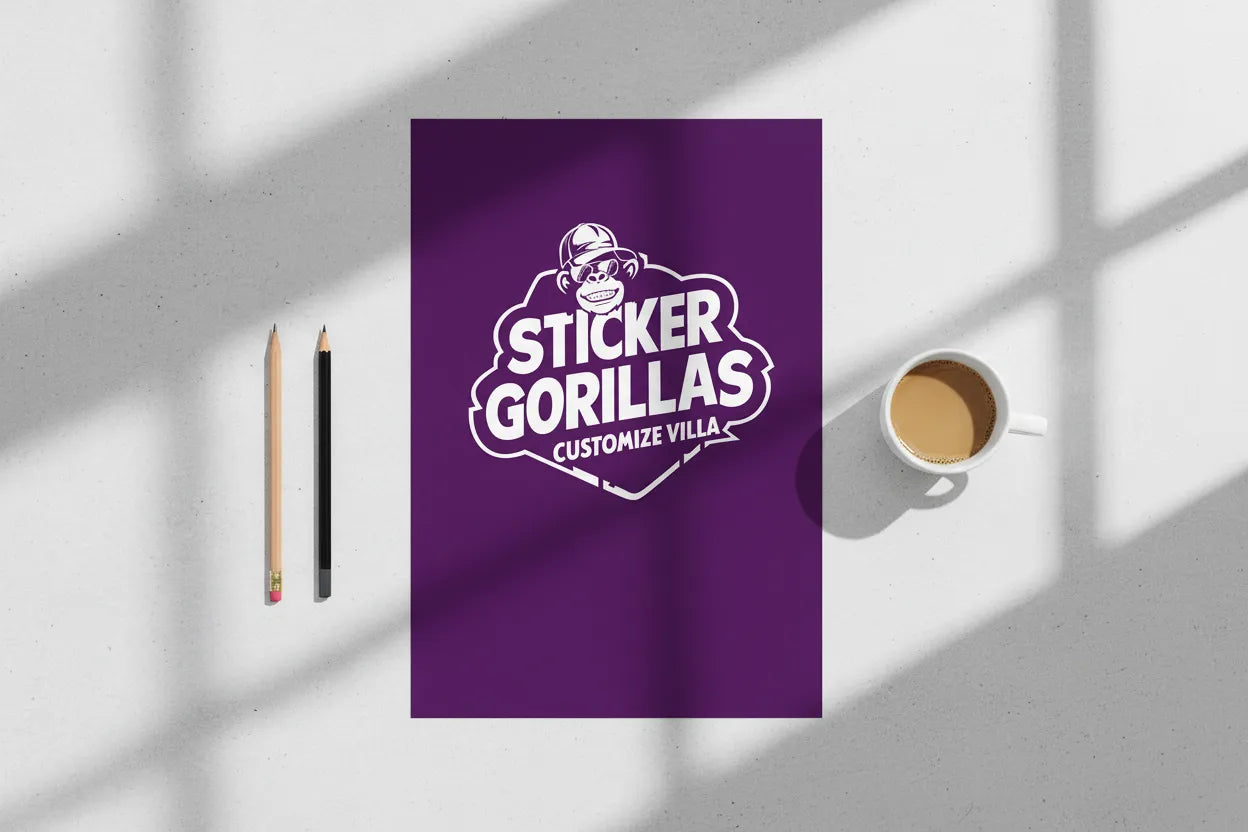 Custom poster flat lay on neutral desk surface with coffee cup and pencils, top-down overhead product photography