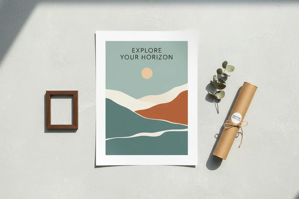 Custom poster flat lay on white marble surface with succulent plant and glasses, bright natural daylight product shot