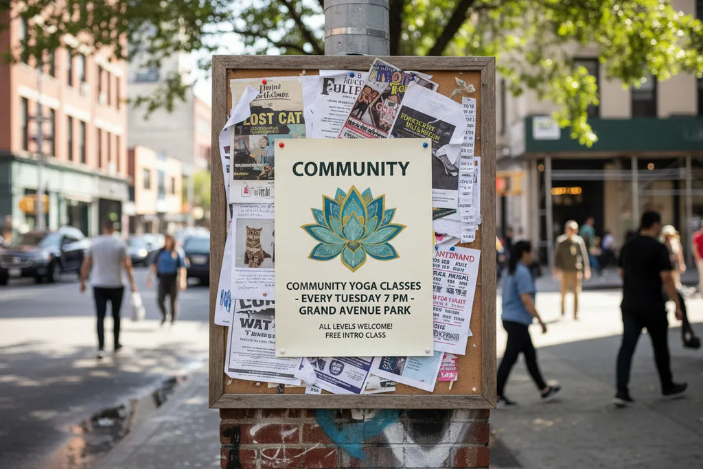 Custom poster pinned on outdoor public bulletin board surrounded by flyers, urban street environment