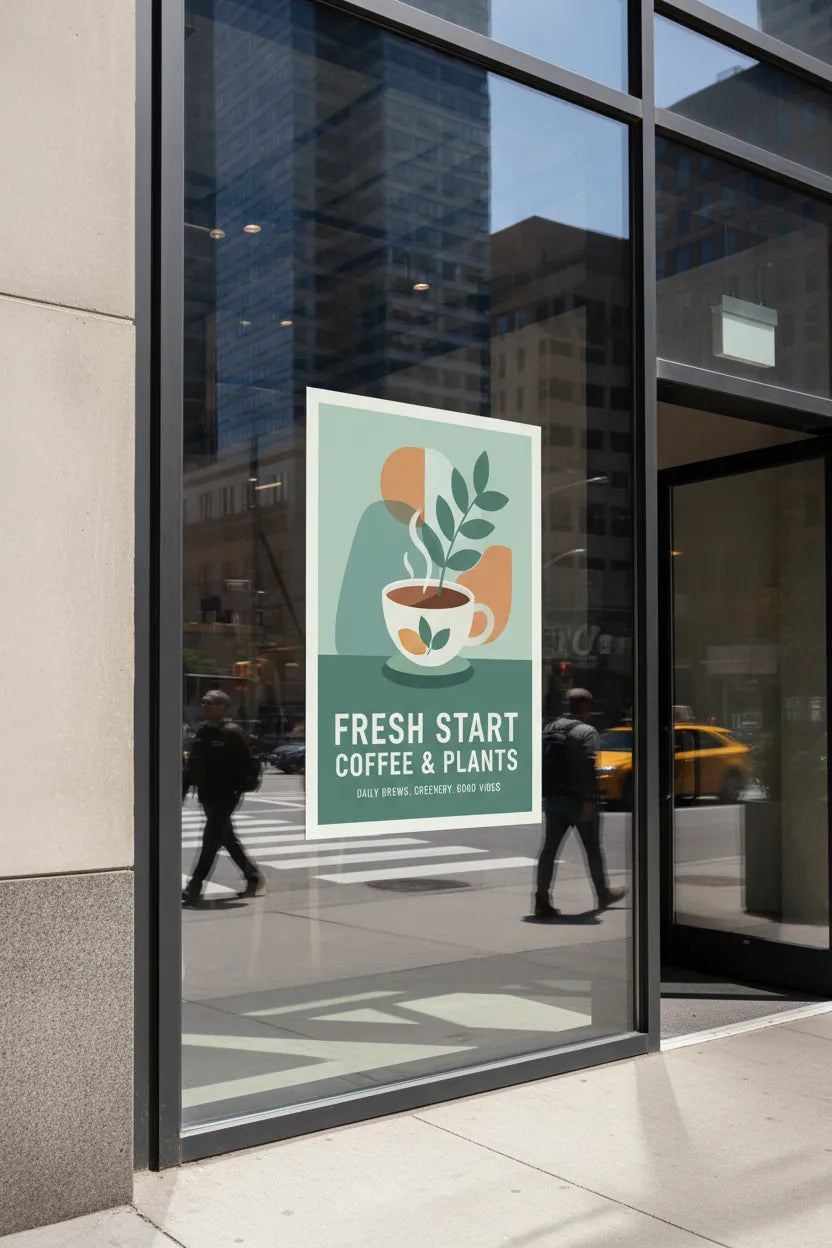 Custom poster sticker applied on retail store glass window, portrait rectangular format, modern storefront display