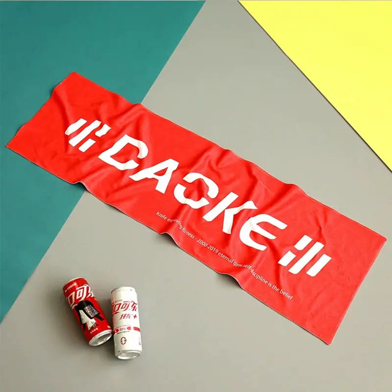 Custom printed sports towel with full-bleed logo print, single-sided, white reverse