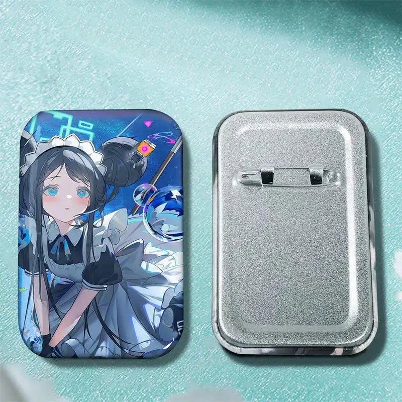 Custom rectangular button pins displayed in multiple available sizes side by side