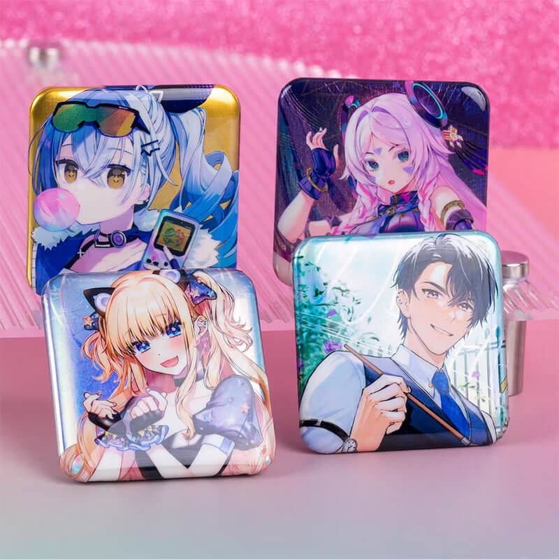 Bulk pack of custom square special effect button pins in assorted designs