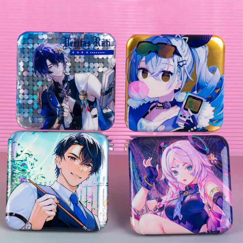 Close-up of custom square button pin with glitter special effect surface