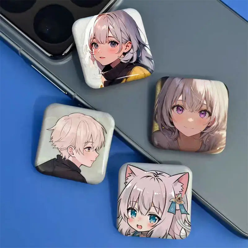 Custom square button pins displayed in multiple available sizes side by side