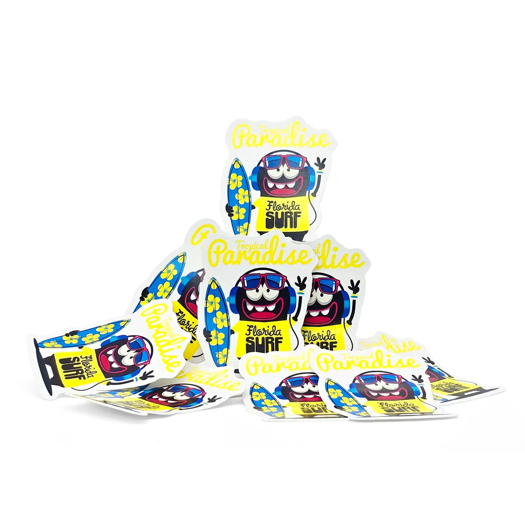 Stack of custom waterproof PVC stickers showing multiple sizes from 2 inch to 5 inch, bulk die-cut vinyl decals