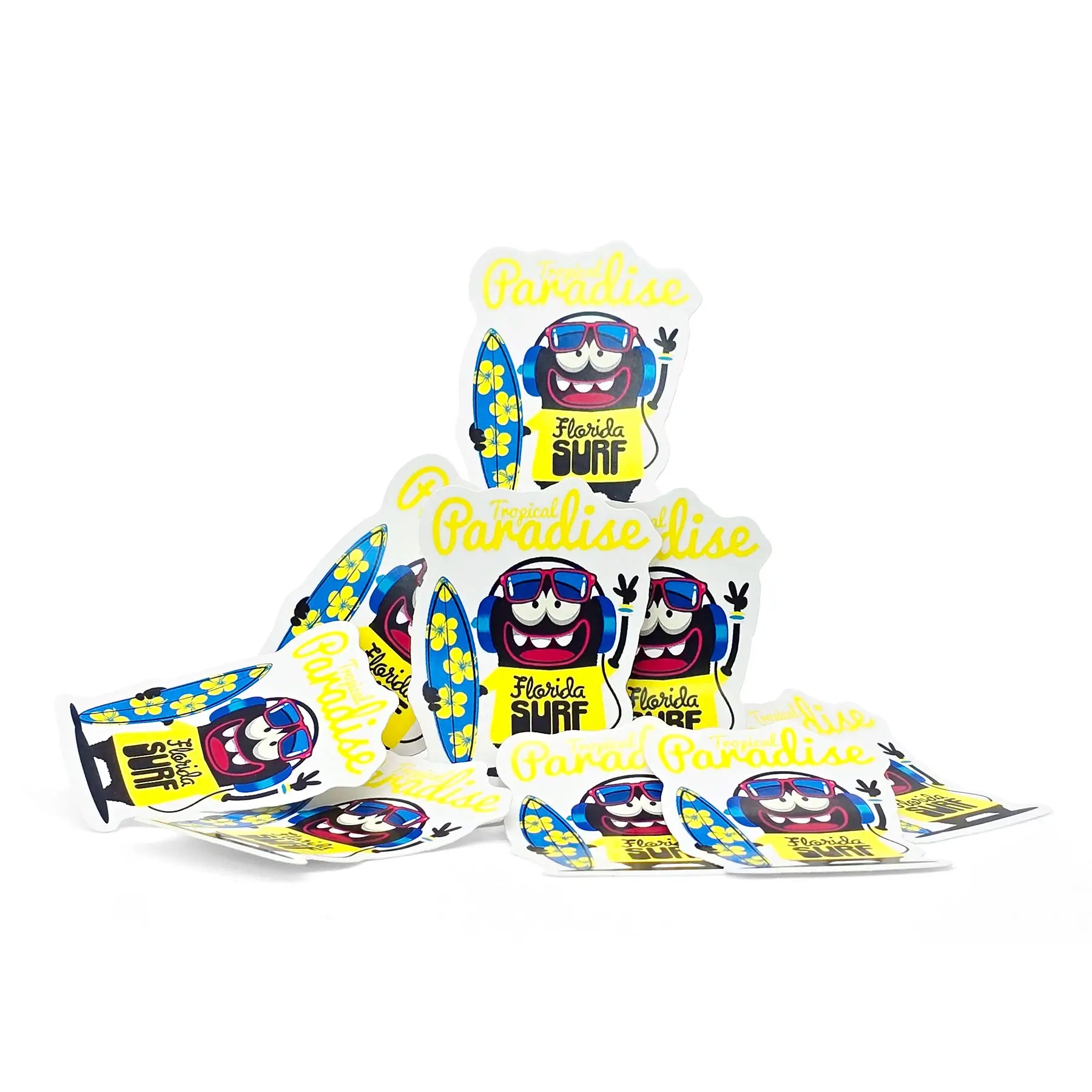 Stack of custom waterproof PVC stickers showing multiple sizes from 2 inch to 5 inch, bulk die-cut vinyl decals