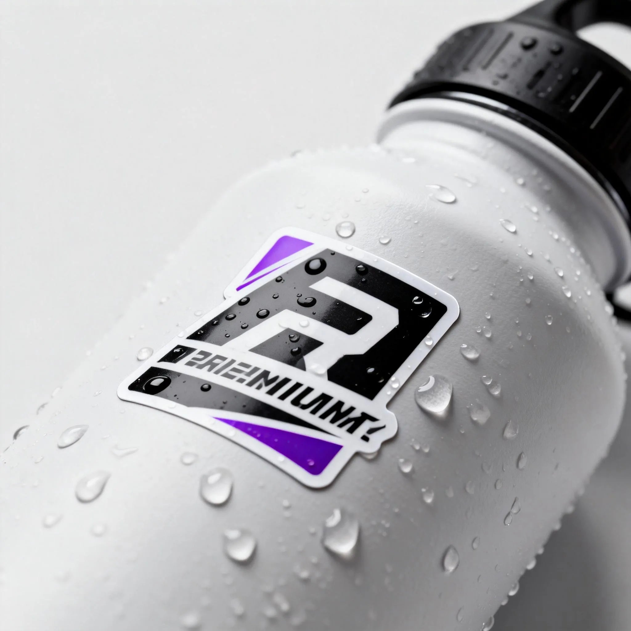 Custom PVC waterproof sticker on water bottle held by hand during outdoor activity, UV and water resistant vinyl decal