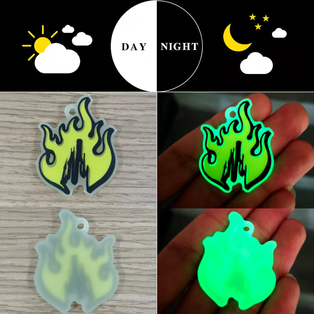 Glow-in-the-dark acrylic keychain – daytime vs glowing effect side by side