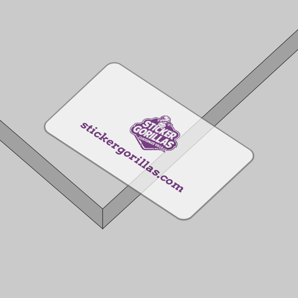 Minimalist brand logo on a frosted translucent PVC card with sharp 300 DPI print quality.