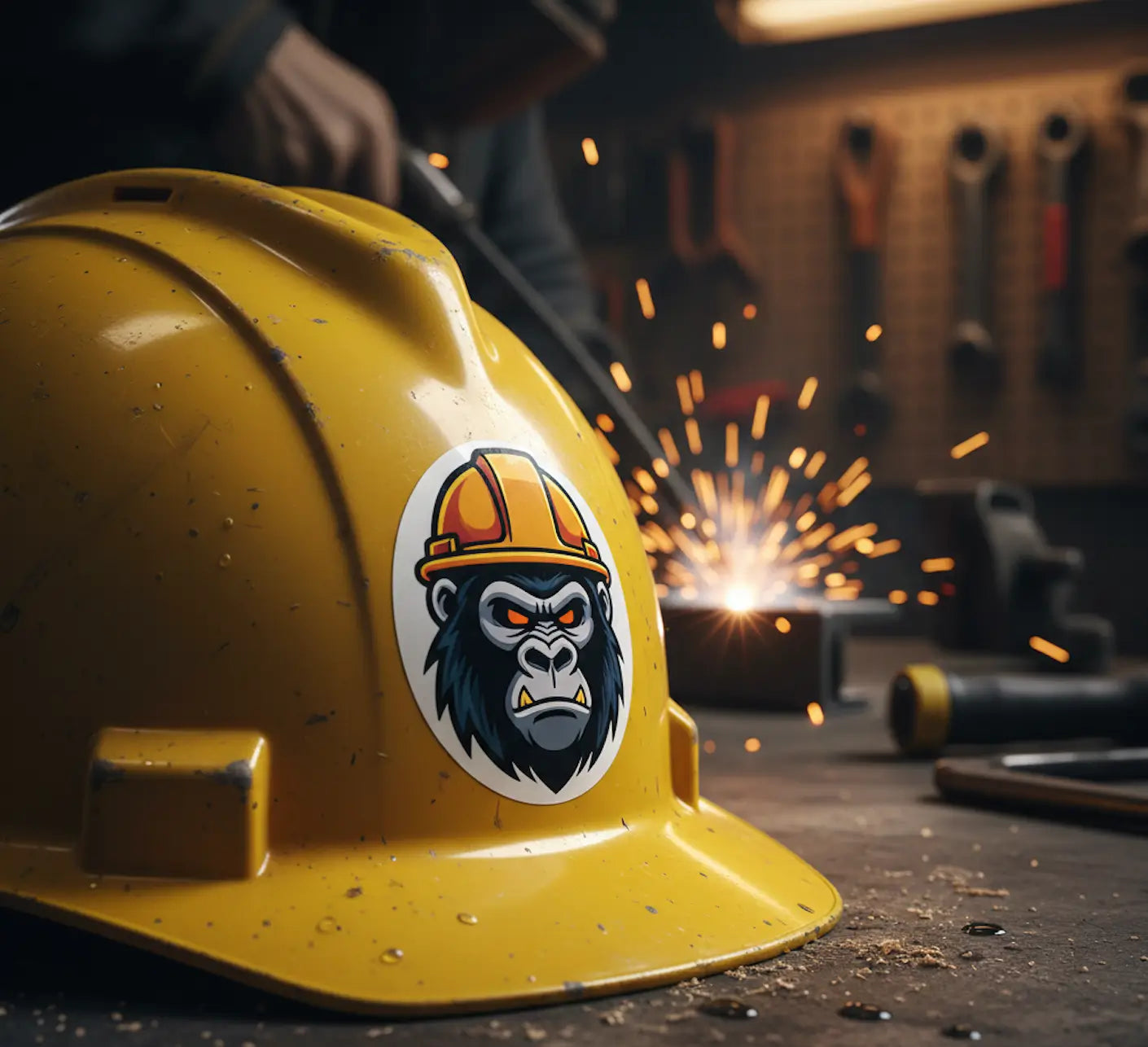 Durable hard hat stickers for construction helmets, weather-proof and oil-resistant vinyl decals on a rugged yellow helmet.
