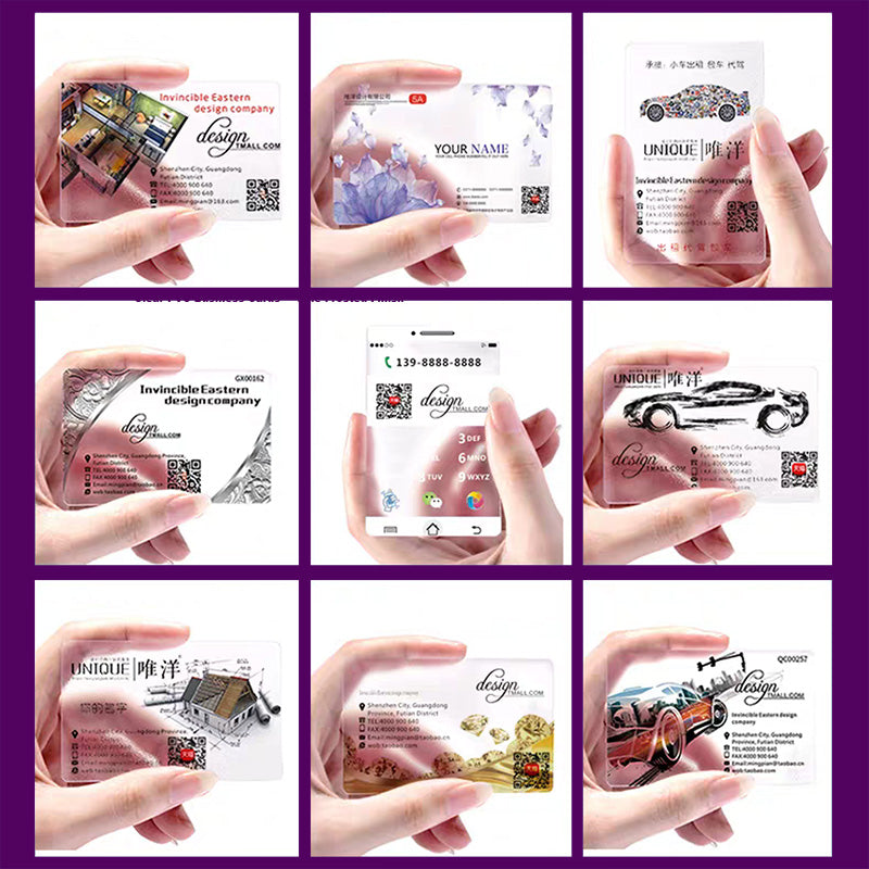 A stack of premium frosted PVC business cards ready for high-end professional networking.