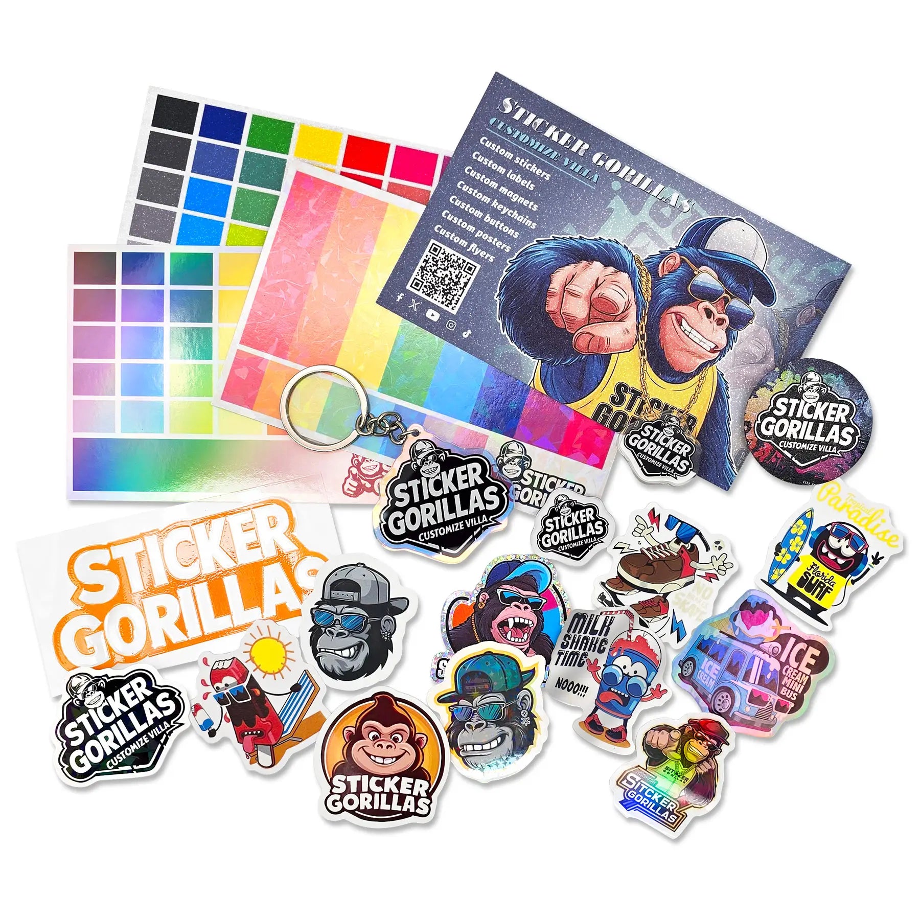 Sample pack material comparison: vinyl, holographic, glitter, and clear sticker finishes side by side