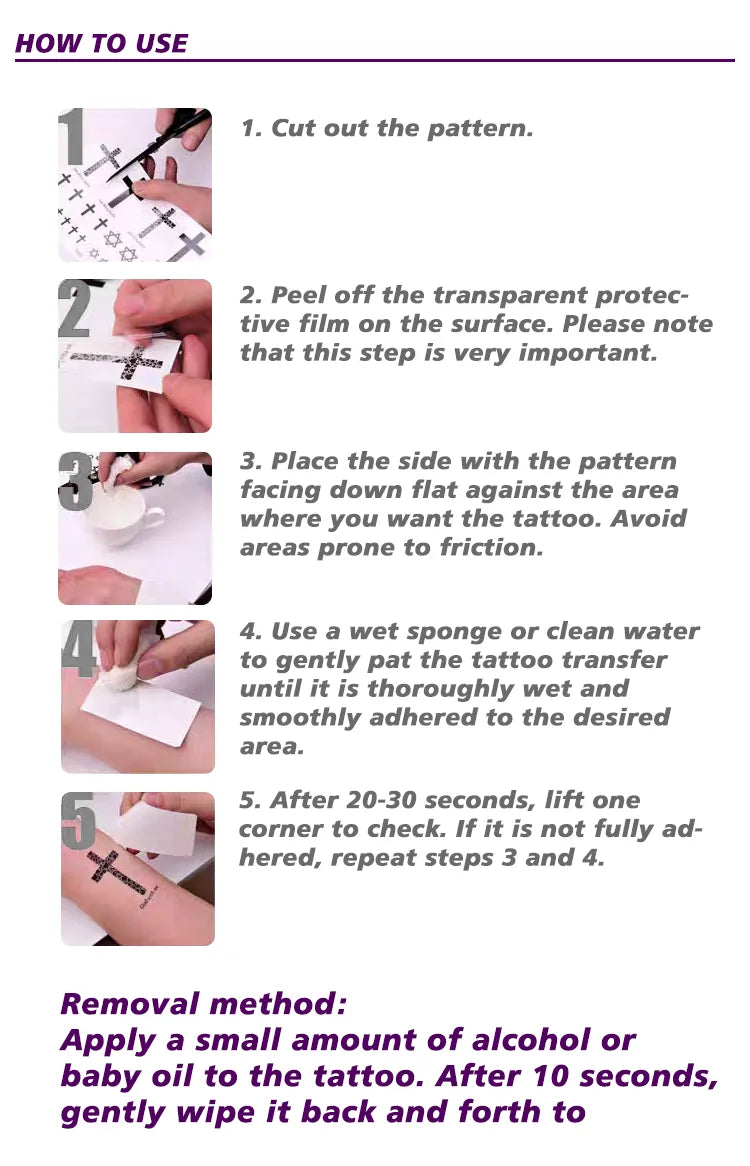 Step-by-step guide showing how to apply custom waterproof temporary tattoos: cut, wet, press, peel