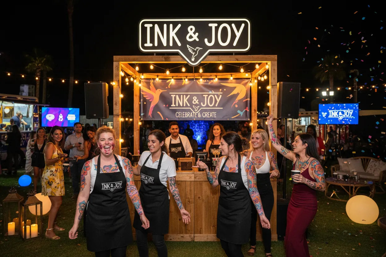 People wearing custom temporary tattoos at a brand event or party