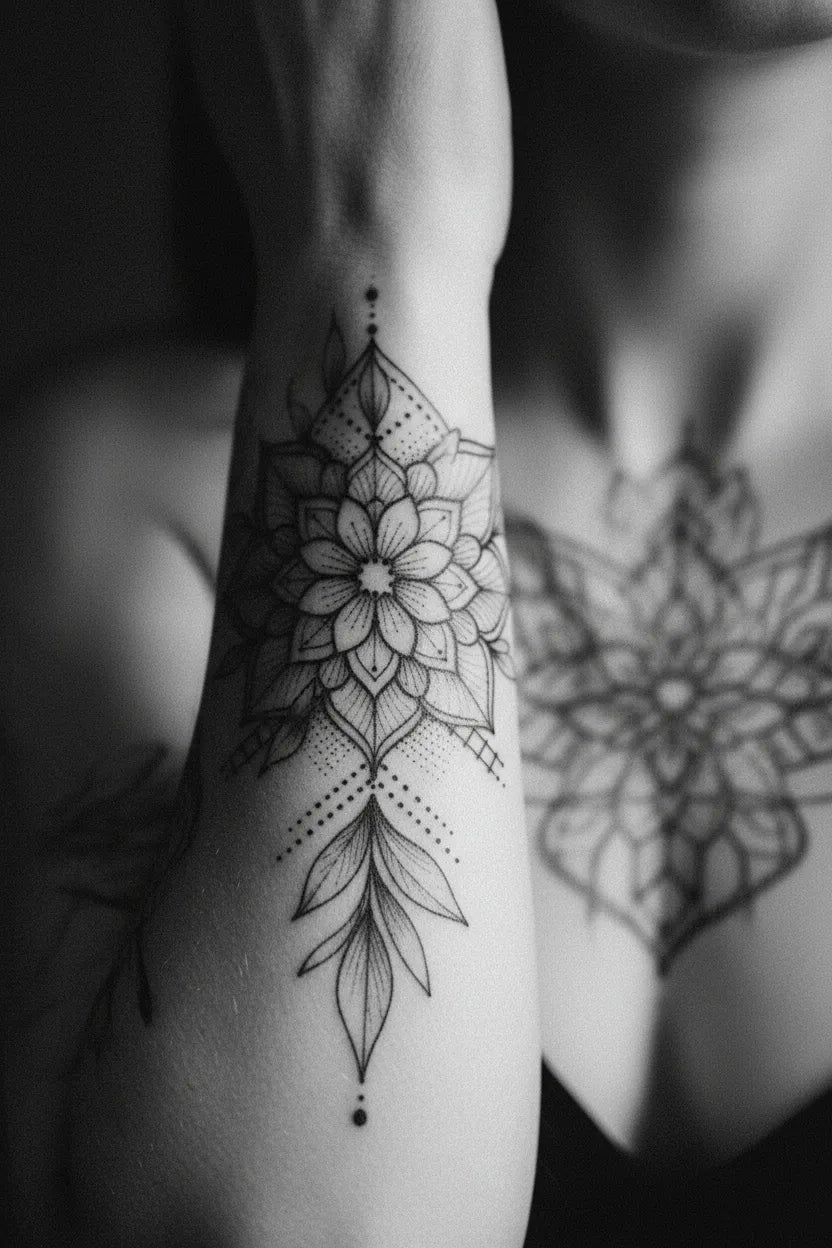 Black and white close-up of man's full sleeve temporary tattoo on muscular arm