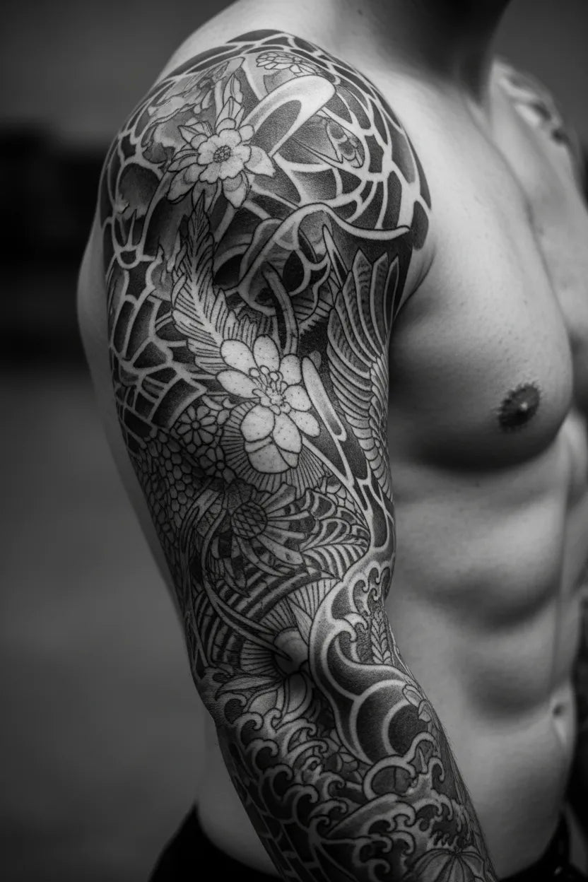 Black and white artistic close-up of intricate temporary tattoo designs on skin