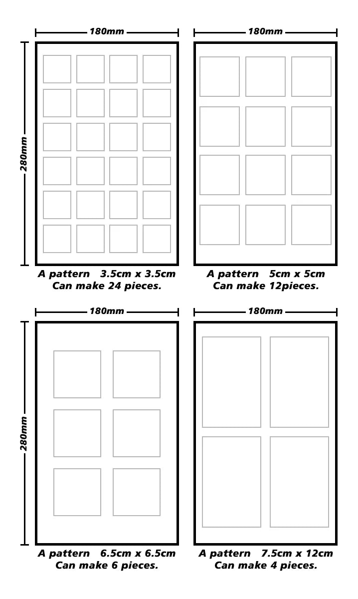 Custom temporary tattoo sheet size guide showing dimensions in cm and inches